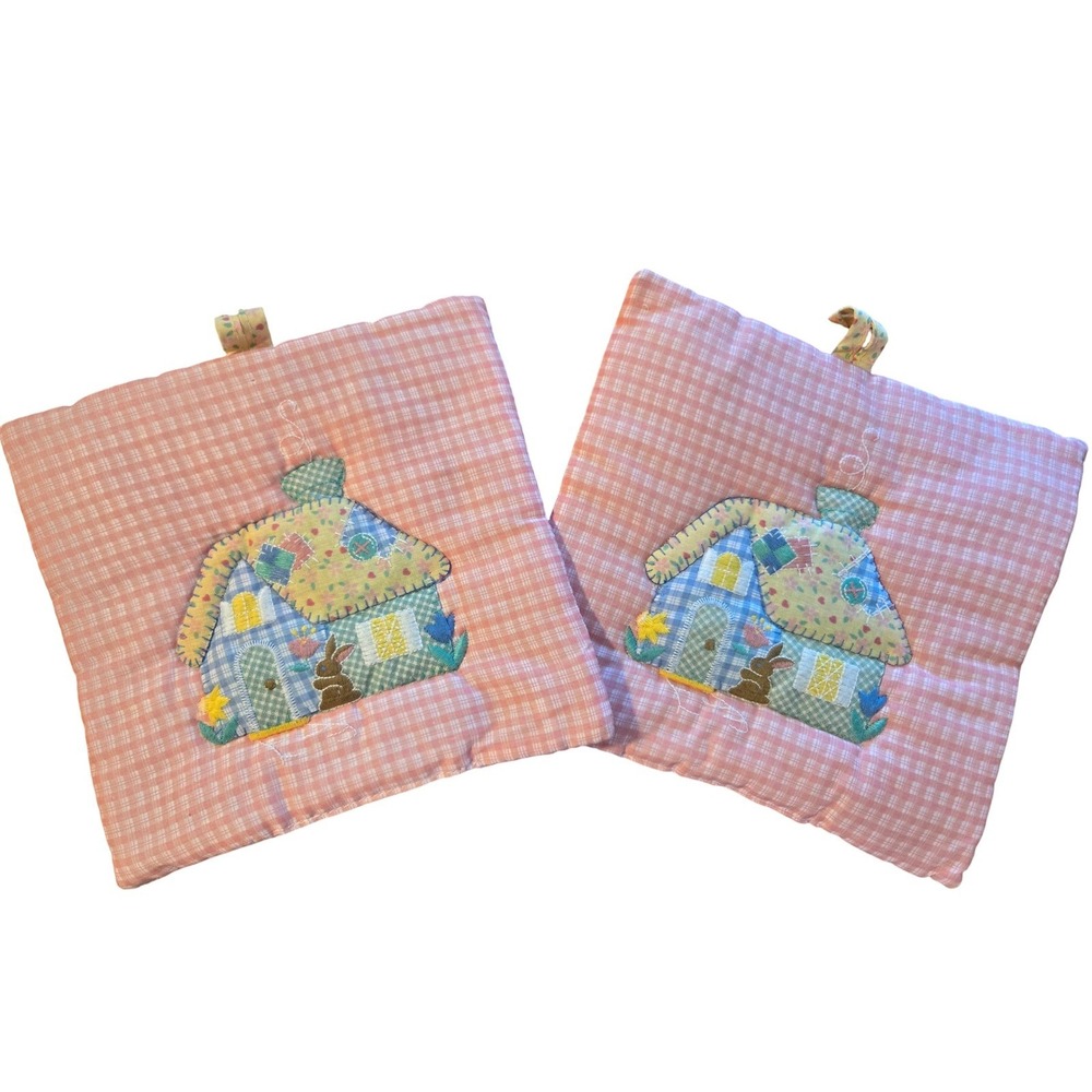 VTG Quilted Easter Pot‎ Holders Cottagecore Country Chic Pink Gingham Home Decor